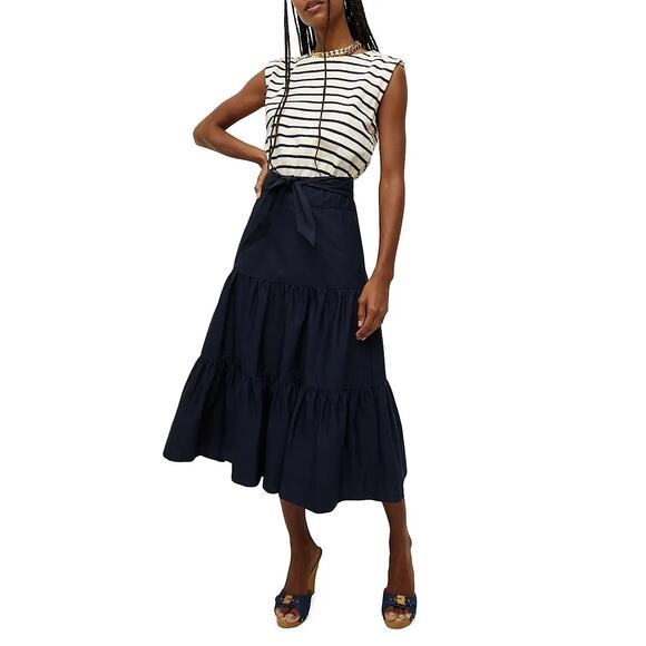Veronica Beard NWT Pazila Mixed Media Navy Cream Stripe Tiered Midi Dress - Picture 1 of 16
